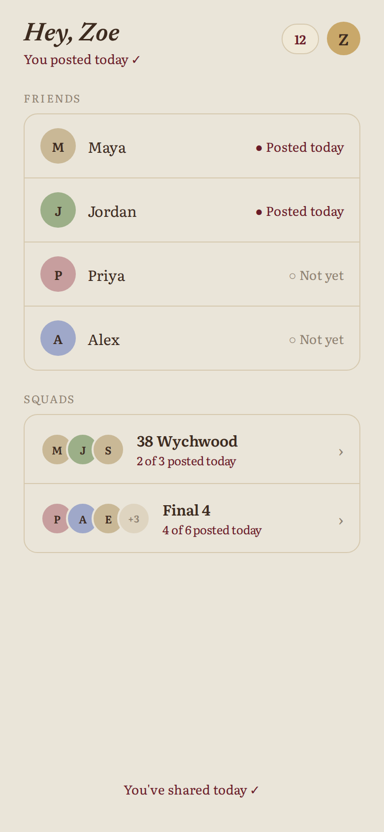 The Fittsy home screen showing which friends have posted today