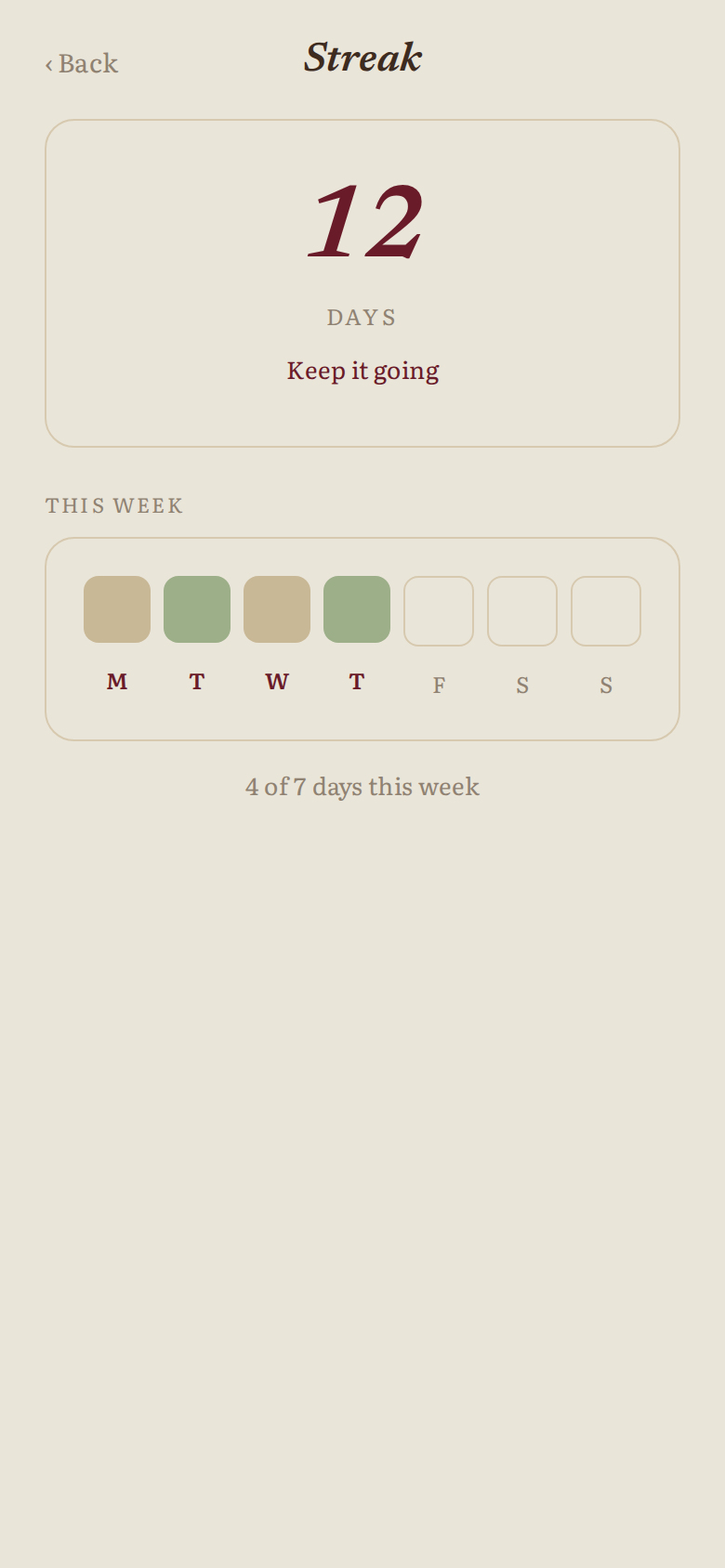 The Fittsy streak screen showing a 12-day streak and this week's photos